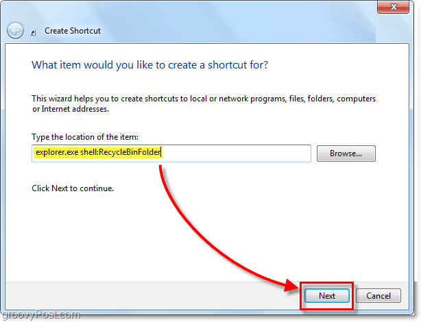 agregue la extensión shelle de la papelera de reciclaje como acceso directo de Windows 7