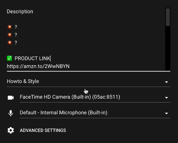 youtube video go live más opciones de configuración, incluida una descripción, enlace de producto, categoría, configuración de cámara y micrófono, y opción de configuración avanzada