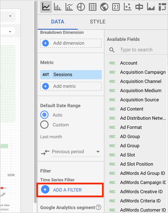 En el panel de propiedades del componente, haga clic en la opción Agregar un filtro en la pestaña Datos.