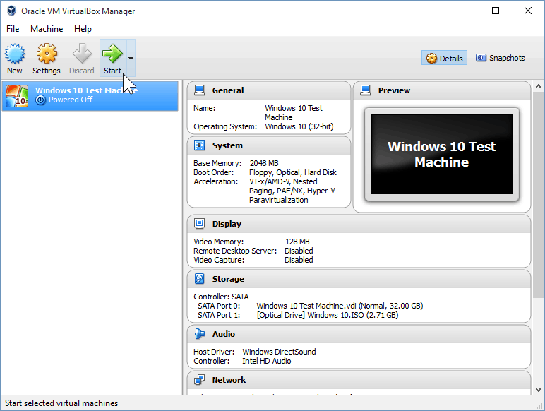 12 Inicie la máquina virtual (instalación de Windows 10)