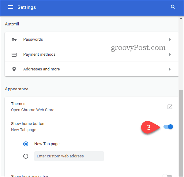 seleccione alternar para mostrar el botón de inicio en Chrome