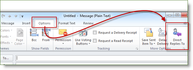 Haga clic en Opciones y haga clic en Respuestas directas en Outlook 2010