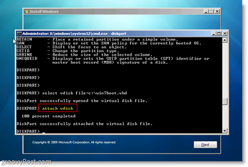 Windows 7 Native VHD Instalar Dual Boot Attach VHD desde CMD Prompt