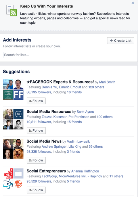 sugerencias de intereses de facebook