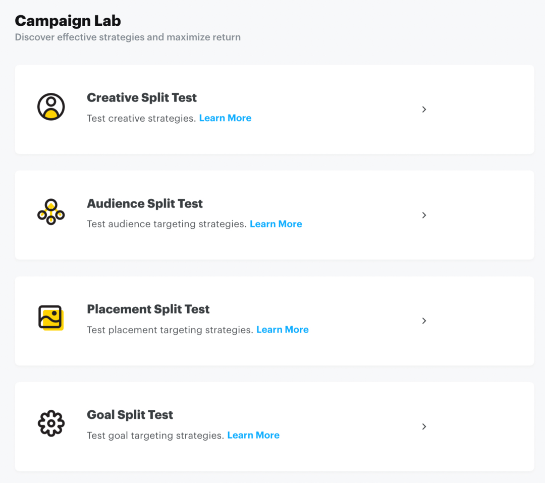 configure la prueba dividida de Snap a través del paso 1 de Campaign Lab
