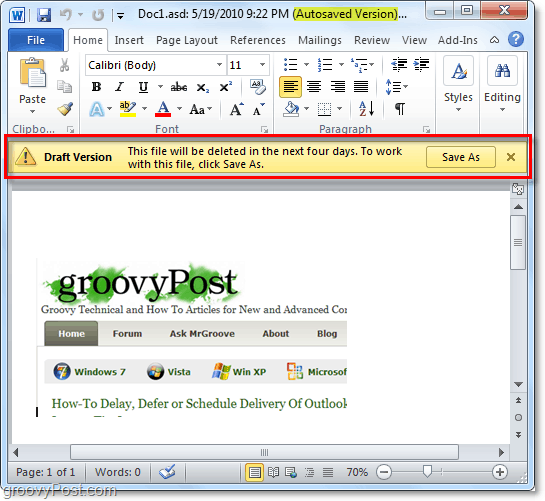 Proyecto de advertencia de versión en Office 2010
