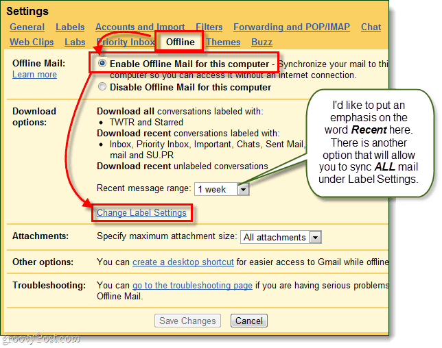 gmail habilita el correo sin conexión para computadora y cambia la configuración de etiquetas