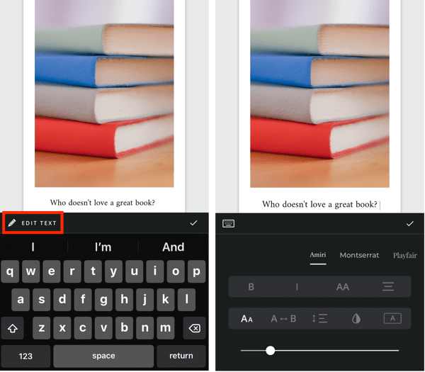Cree una historia de Unfold Instagram, paso 5 que muestra las opciones de edición de texto.