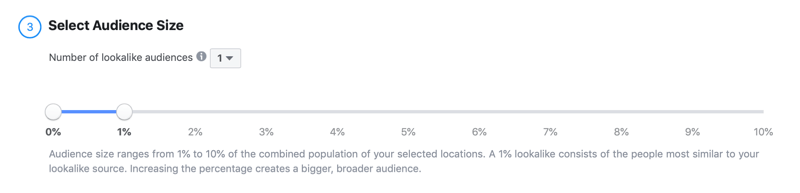 seleccione el tamaño de la audiencia para el lookalike de Facebook