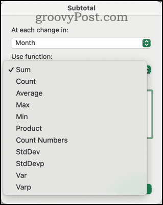 Diferentes funciones disponibles en el cuadro de diálogo Subtotal en Excel