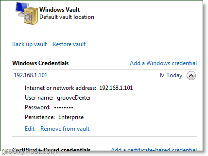 una credencial almacenada se puede editar desde la bóveda de Windows 7
