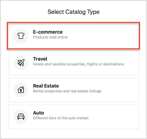 Seleccione las opciones de Tipo de catálogo en el Administrador de catálogos de Facebook