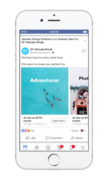 Facebook lanzó un nuevo tipo de anuncio dinámico para viajes llamado consideración de viaje.