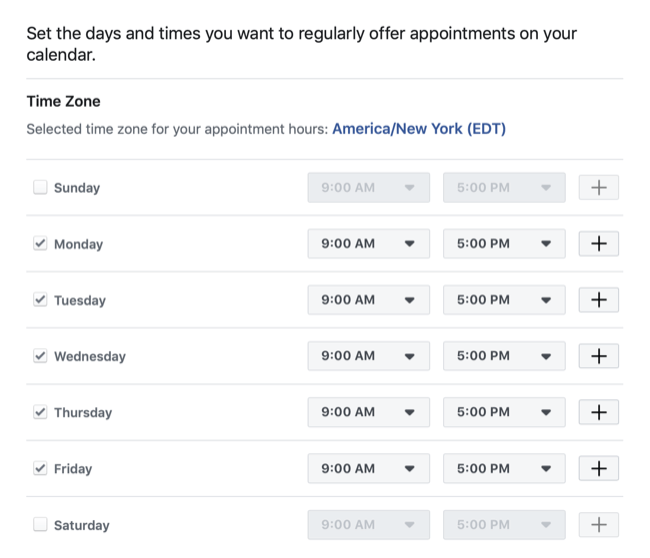 establecer fechas y horarios disponibles para reservar cita con la página de Facebook