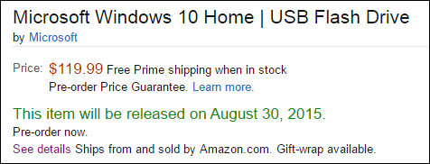 Pre-ordenar Windows 10 Retail USB Flash Drive de Amazon