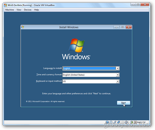 Menú de instalación de VirtualBox Windows 8