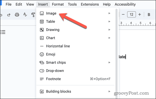 El menú Insertar en Google Docs