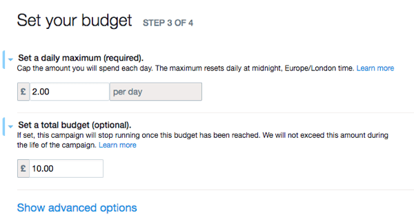Configure el presupuesto de su anuncio de Twitter.