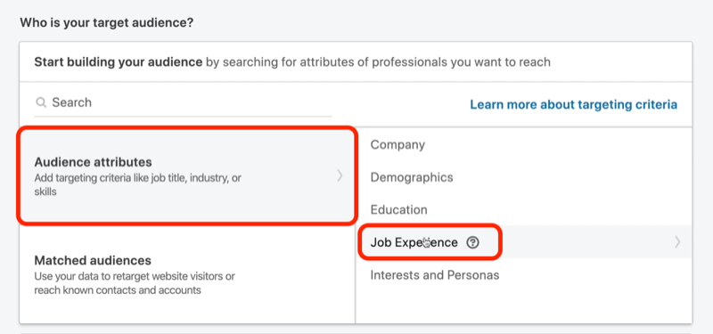 captura de pantalla de ¿Quién es tu público? sección en la configuración de la campaña de LinkedIn