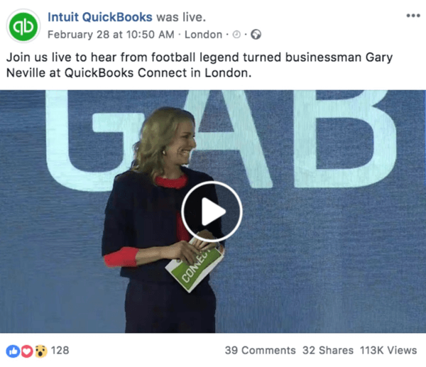Ejemplo de una publicación de Facebook que anuncia un próximo video en vivo de Intuit Quickooks.