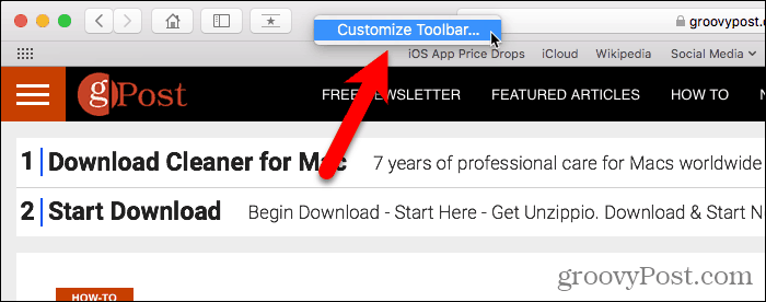 Seleccione Personalizar barra de herramientas en Safari para Mac