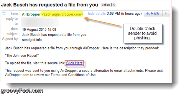 AirDropper Dropbox: archivo de solicitud por correo electrónico
