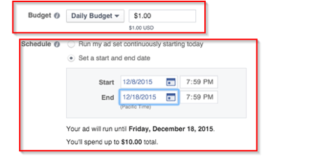 presupuesto y duración del anuncio de facebook