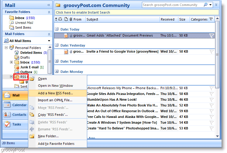 Captura de pantalla de Microsoft Outlook 2007 Agregar nueva fuente RSS