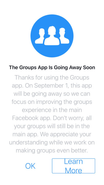 Facebook suspenderá la aplicación Grupos para iOS y Android después del 1 de septiembre de 2017.