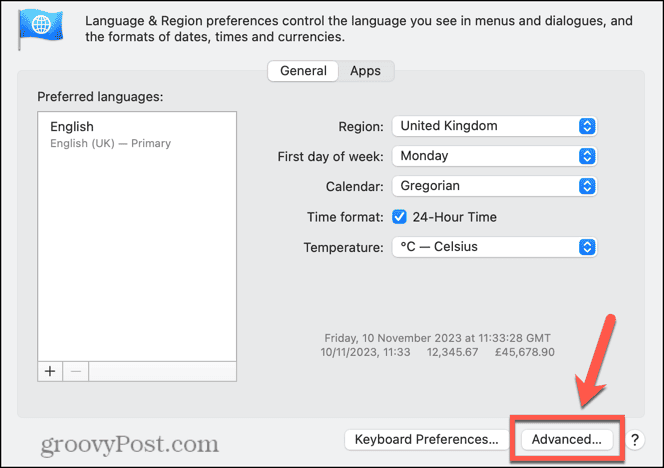 configuración avanzada de idioma y región de mac