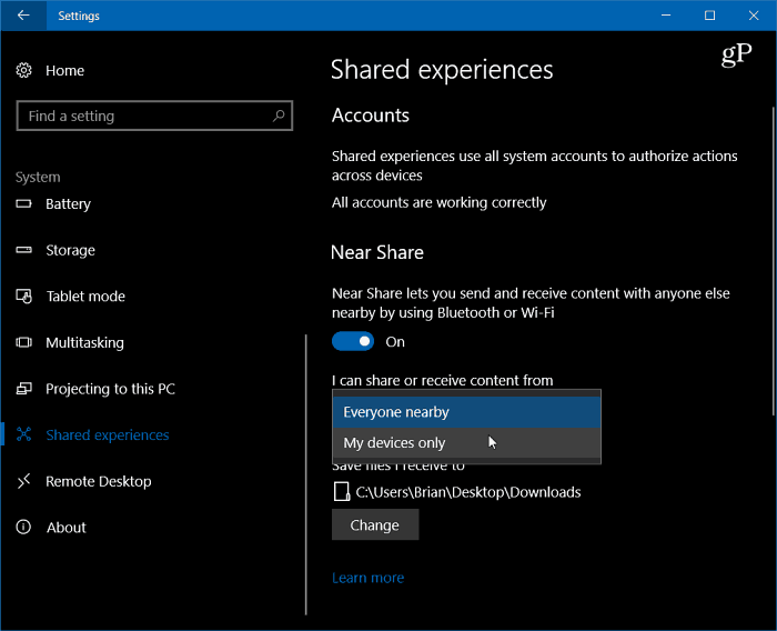 1 Habilite la configuración de casi compartir Windows 10