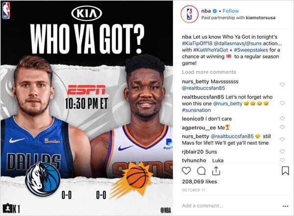 La NBA se asoció con el patrocinador Kia Motors para regalar boletos de juego al comienzo de la temporada en Instagram.