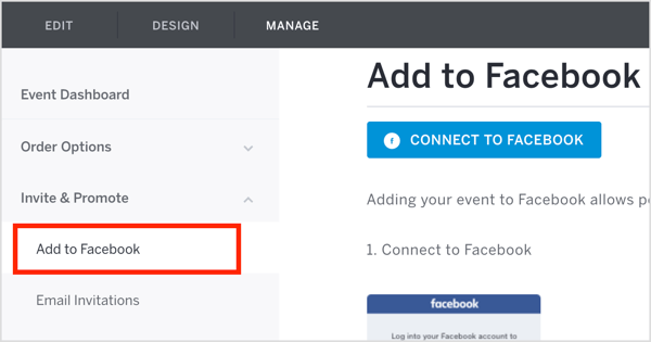 En la pestaña Administrar de Eventbrite, haz clic en Invitar y promocionar y selecciona Agregar a Facebook en el menú desplegable.