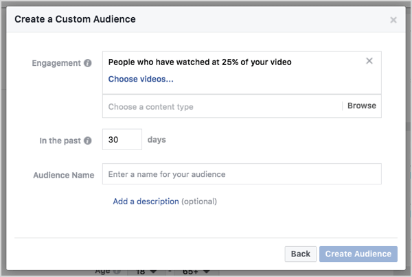 Audiencia personalizada de Facebook basada en visualizaciones de video en 30 días.