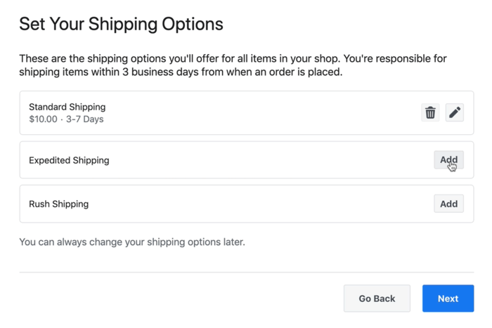 ejemplo de captura de pantalla de las opciones de envío de la tienda de Facebook que podrían estar disponibles