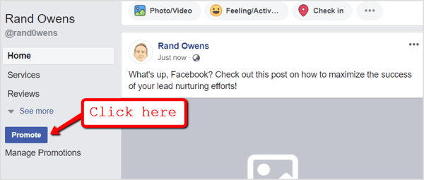 Dirígete a tu página de Facebook y haz clic en el botón Promocionar debajo de las pestañas de navegación.