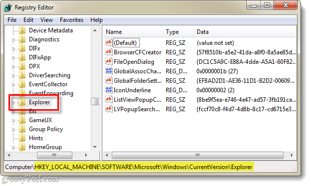 encuentre la clave de registro correspondiente a la versión actual del explorador en el registro de Windows 7