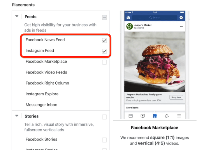 Las ubicaciones de Facebook News Feed e Instagram Feed seleccionadas a nivel de conjunto de anuncios en Facebook Ads Manager