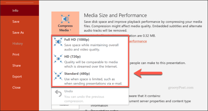 Comprimir opciones de medios en PowerPoint