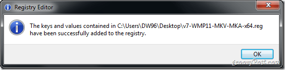 claves de registro agregadas con éxito a la computadora