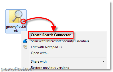 haga clic derecho en su escritorio y luego haga clic en el archivo osdx que es un conector de búsqueda y luego haga clic en crear conector de búsqueda para Windows 7