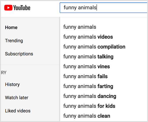 Mire las autosugestiones de búsqueda de YouTube para su palabra clave.