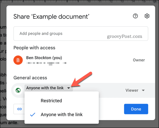 Establecer permisos para compartir para Google Docs