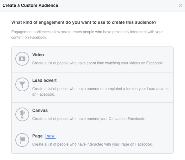 Facebook le permite crear cuatro audiencias personalizadas basadas en el compromiso.