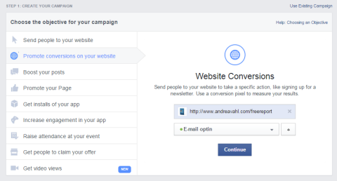 opciones de conversión del sitio web de facebook