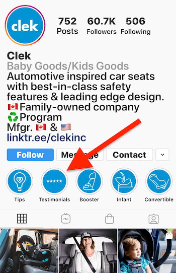 Instagram Stories destaca el álbum para testimonios en el perfil comercial de Clek