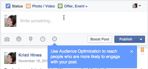 Optimización de la audiencia de Facebook para el cuadro de actualización de publicaciones.