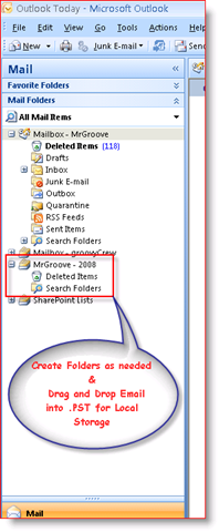 Bandeja de entrada de Outlook 2007 que muestra el archivo de datos personales .PST en el panel de navegación:: groovyPost.com