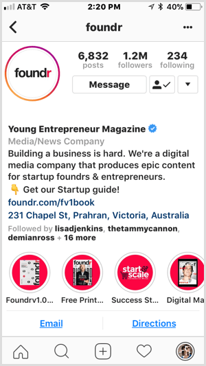 Destacados de la marca Instagram en el perfil de Foundr.