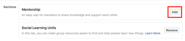 Cómo mejorar la comunidad de tu grupo de Facebook, opción para agregar la sección de tutoría a tu grupo de Facebook